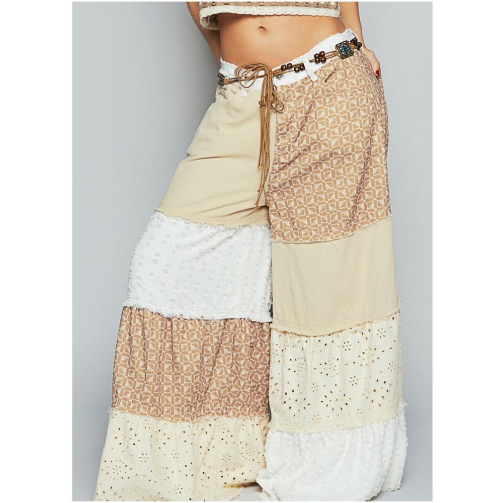 POL Color block Eyelet Frayed Wide leg Denim Pants